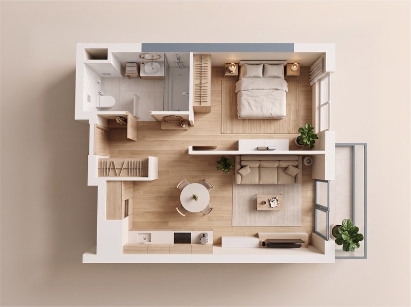 3D-планировка: Отдельная спальня, гостиная с кухней и боковой балкон.